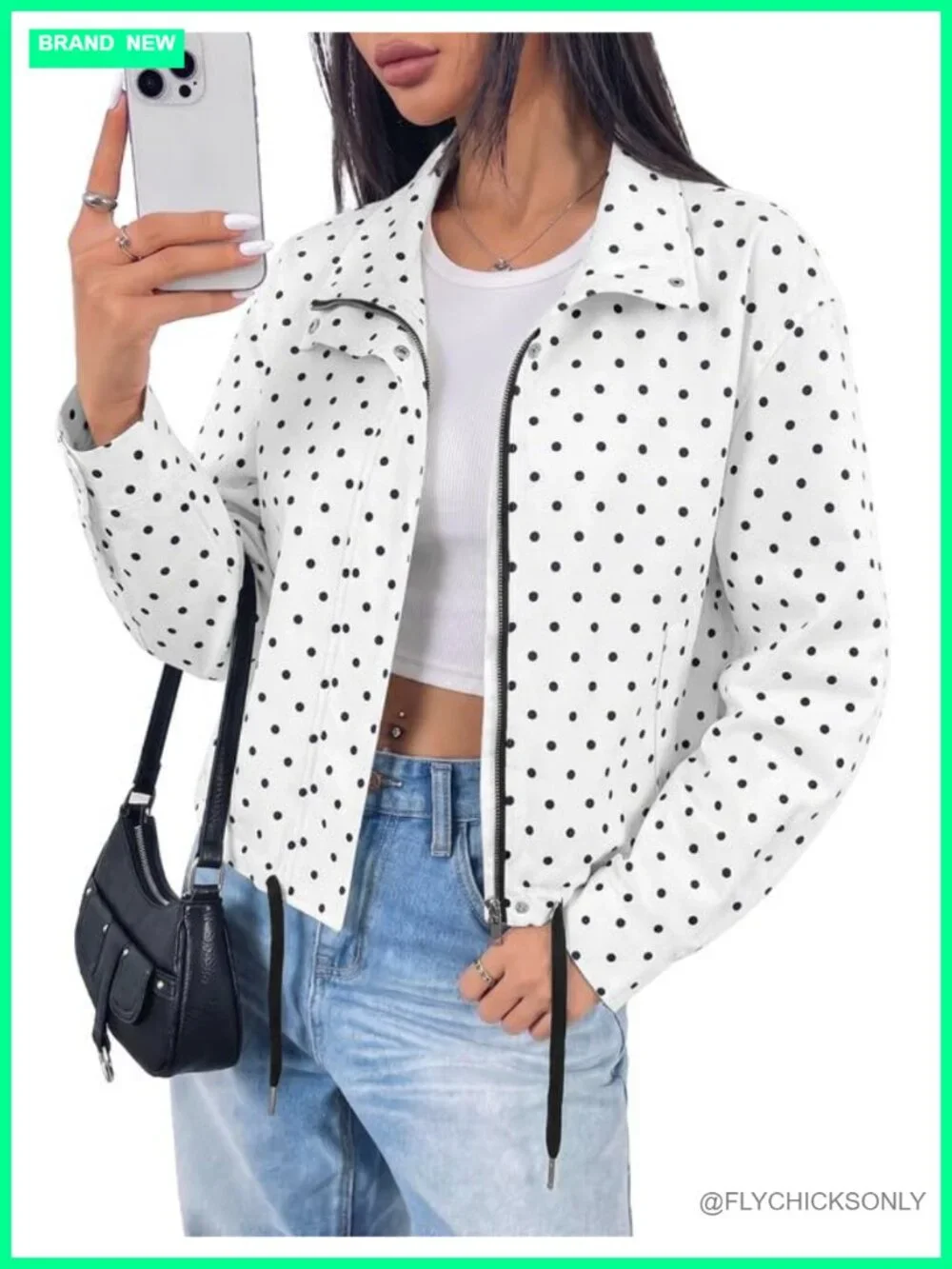 Women's Polka Dot Cropped Jacket Full Zip Funnel Neck Pockets